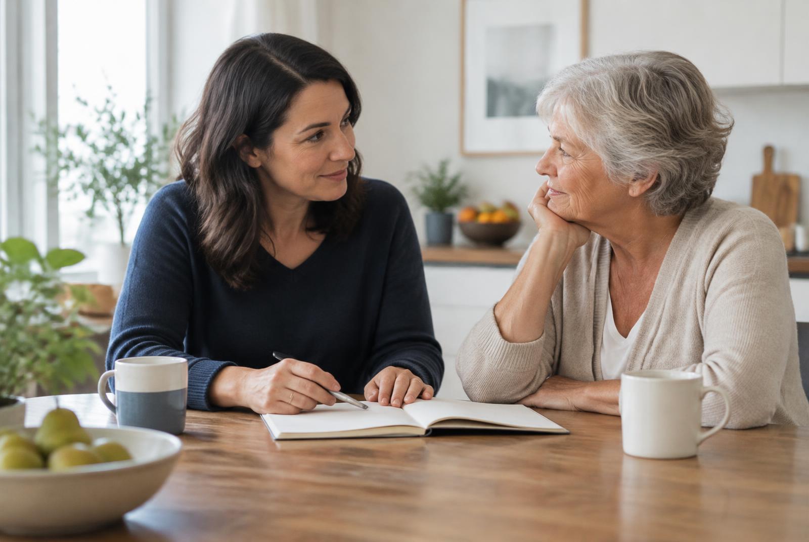 Two women having a supportive conversation at a kitchen table